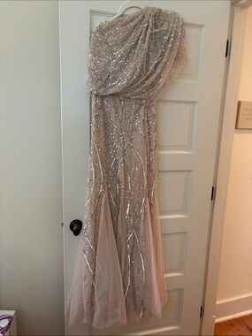 Beaded One-Shoulder Evening Gown in Blush
